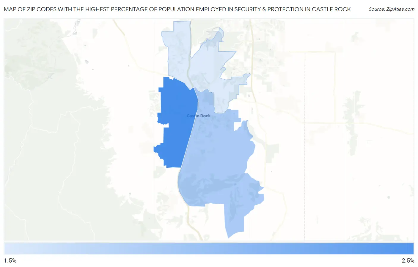 Zip Codes with the Highest Percentage of Population Employed in Security & Protection in Castle Rock Map