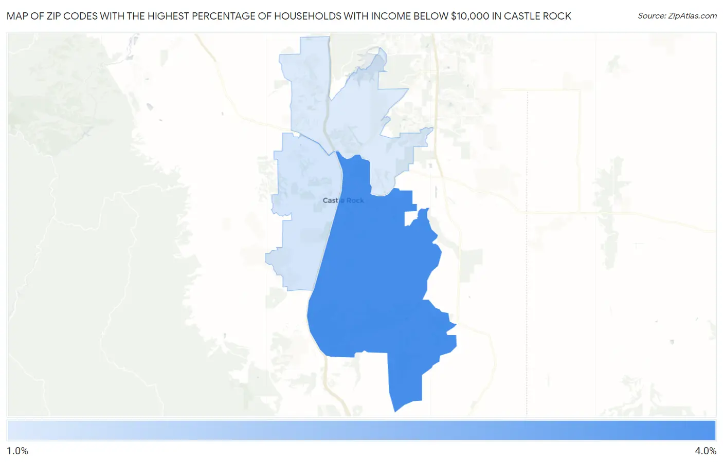Zip Codes with the Highest Percentage of Households with Income Below $10,000 in Castle Rock Map