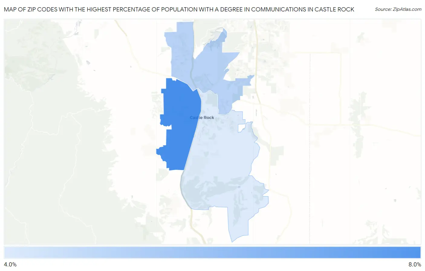 Zip Codes with the Highest Percentage of Population with a Degree in Communications in Castle Rock Map