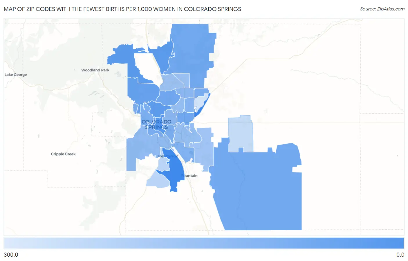 Zip Codes with the Fewest Births per 1,000 Women in Colorado Springs Map