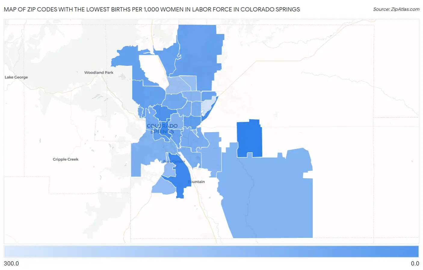 Zip Codes with the Lowest Births per 1,000 Women in Labor Force in Colorado Springs Map