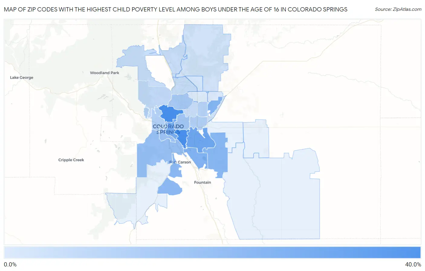 Zip Codes with the Highest Child Poverty Level Among Boys Under the Age of 16 in Colorado Springs Map