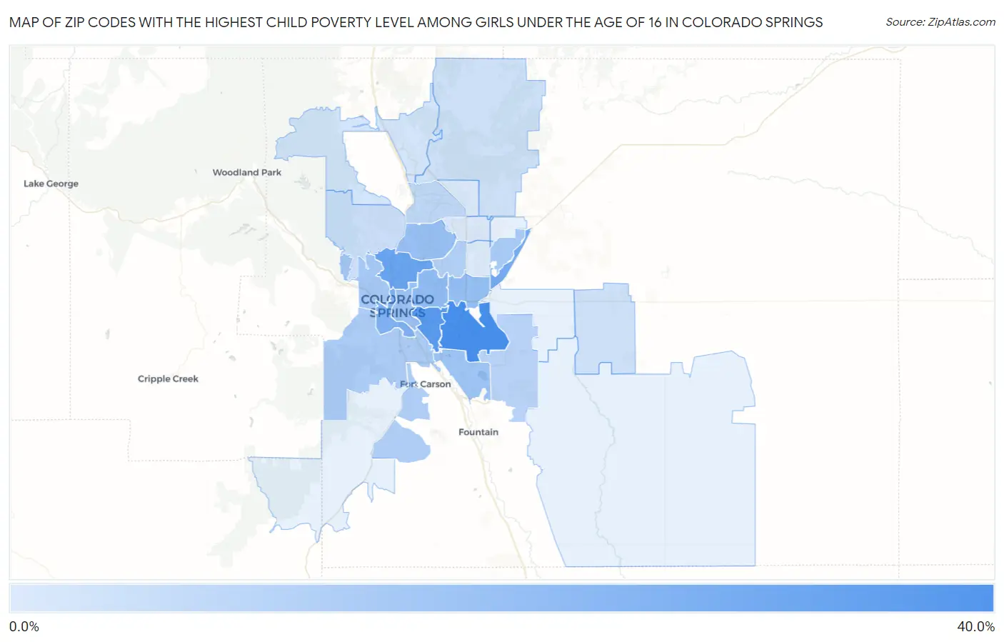 Zip Codes with the Highest Child Poverty Level Among Girls Under the Age of 16 in Colorado Springs Map