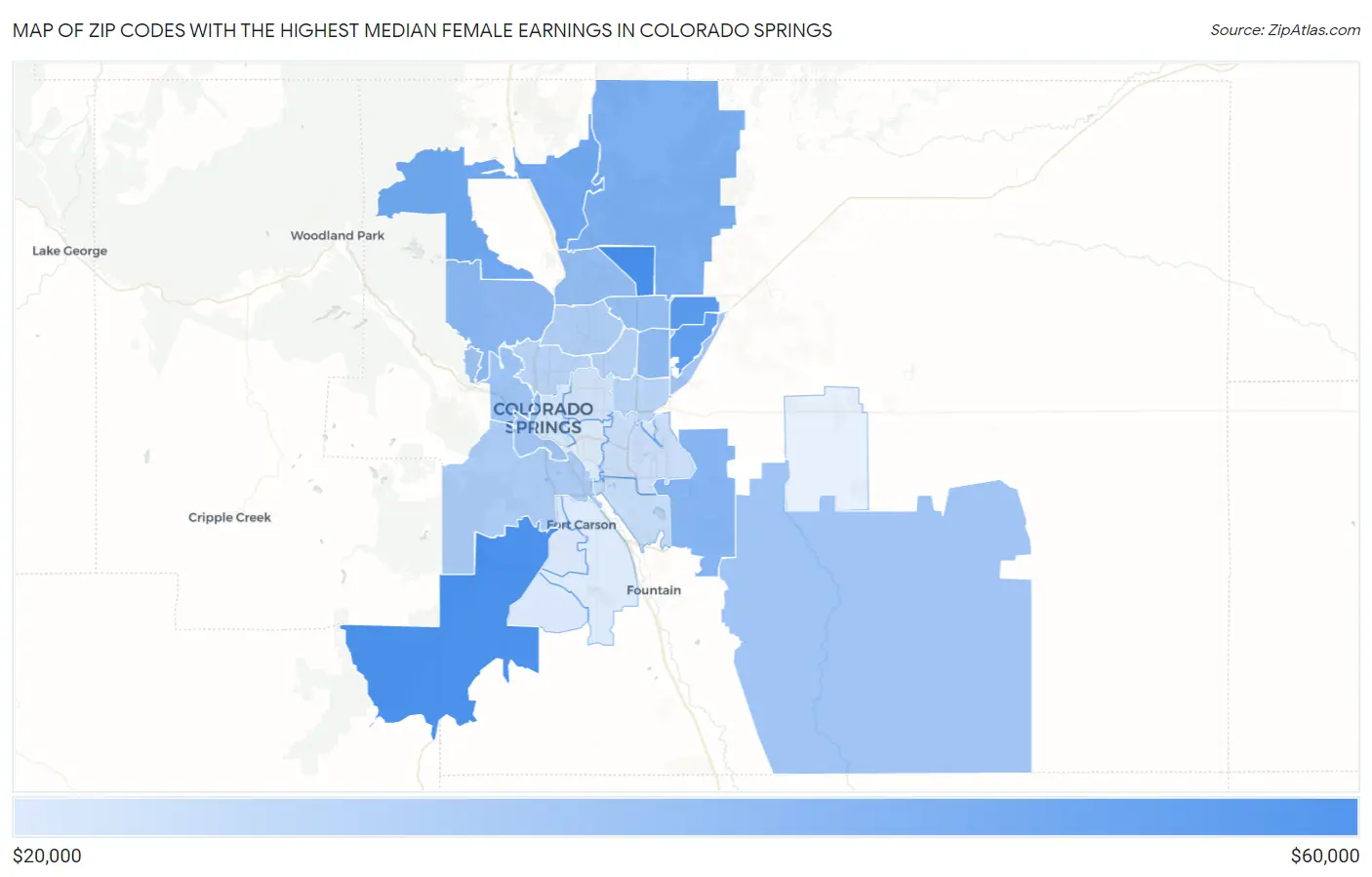 Zip Codes with the Highest Median Female Earnings in Colorado Springs Map