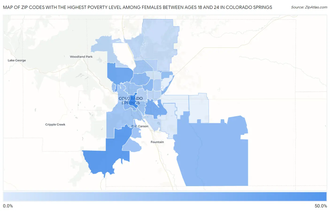 Zip Codes with the Highest Poverty Level Among Females Between Ages 18 and 24 in Colorado Springs Map