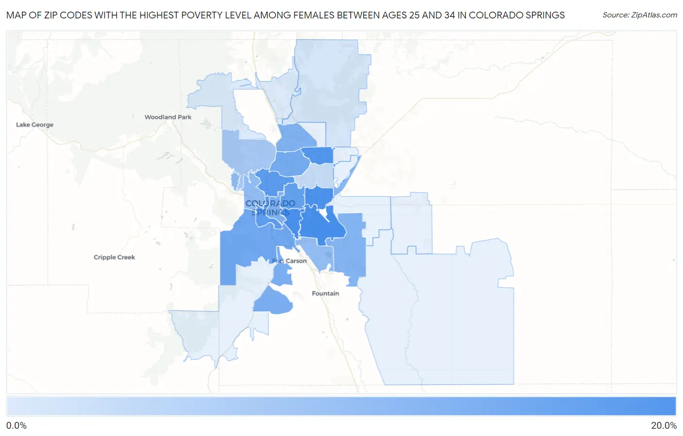 Zip Codes with the Highest Poverty Level Among Females Between Ages 25 and 34 in Colorado Springs Map