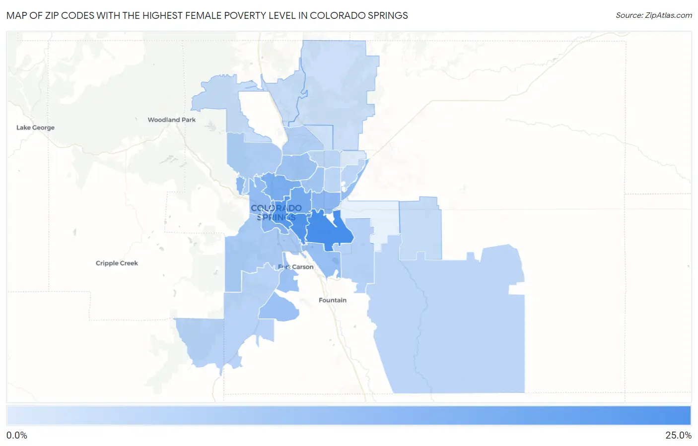 Zip Codes with the Highest Female Poverty Level in Colorado Springs Map