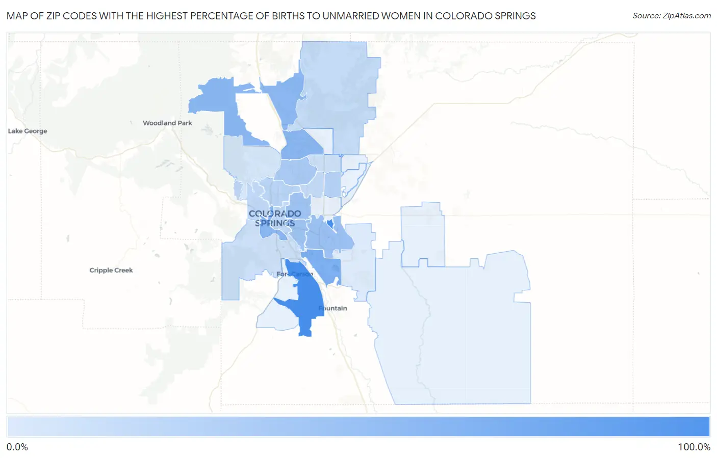 Zip Codes with the Highest Percentage of Births to Unmarried Women in Colorado Springs Map