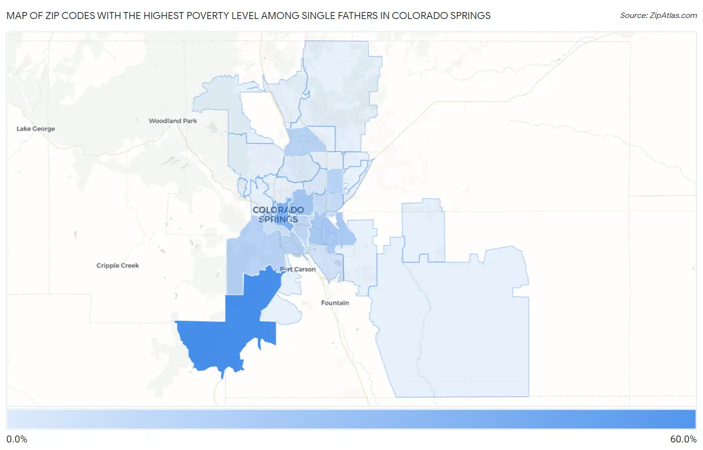 Zip Codes with the Highest Poverty Level Among Single Fathers in Colorado Springs Map