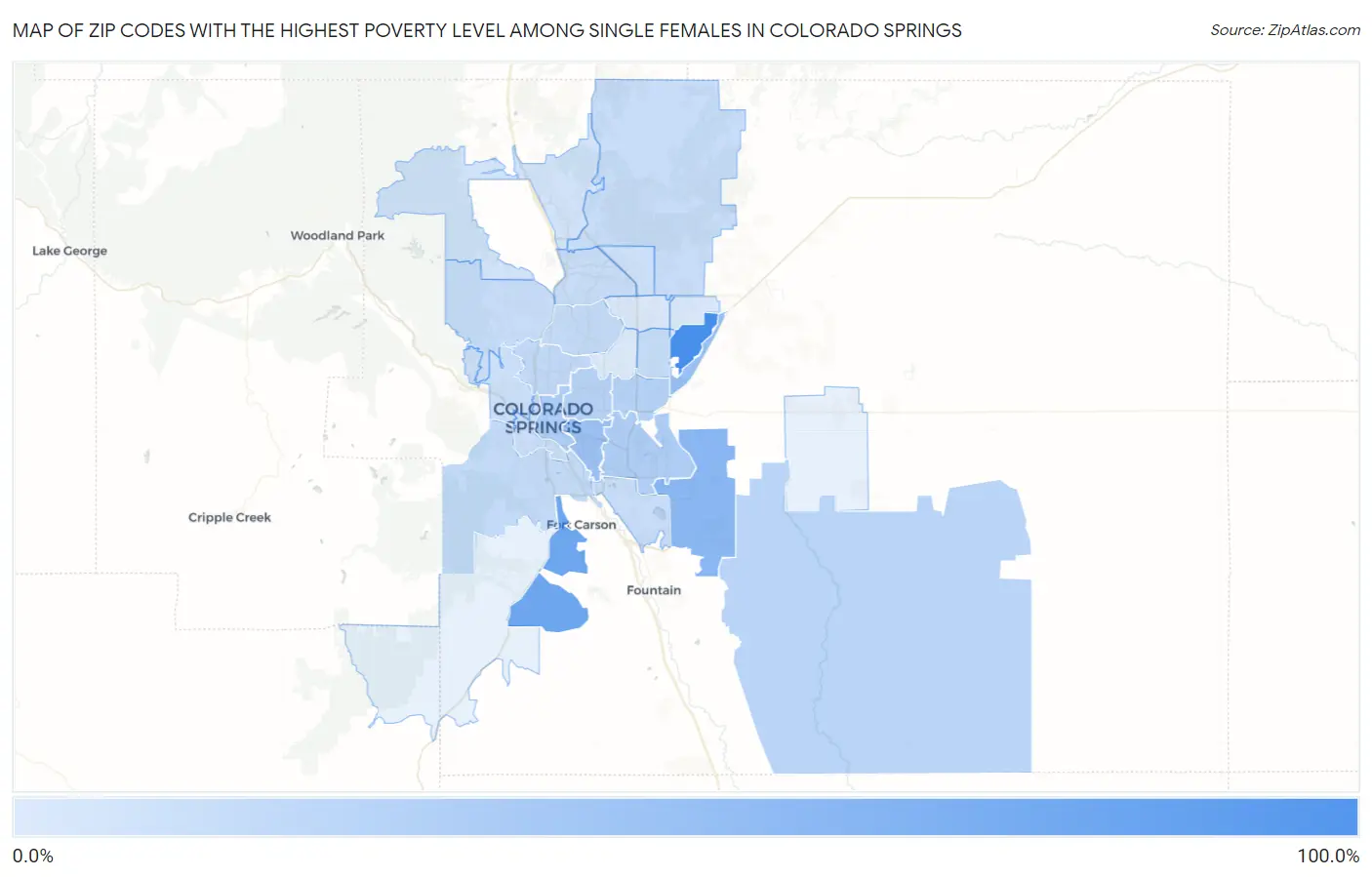 Zip Codes with the Highest Poverty Level Among Single Females in Colorado Springs Map