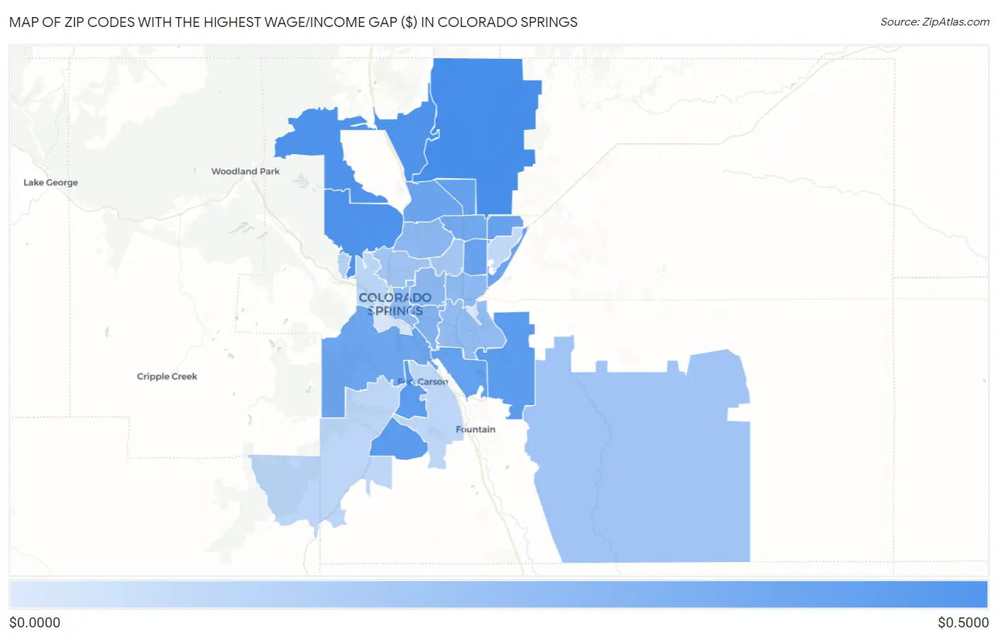 Zip Codes with the Highest Wage/Income Gap ($) in Colorado Springs Map