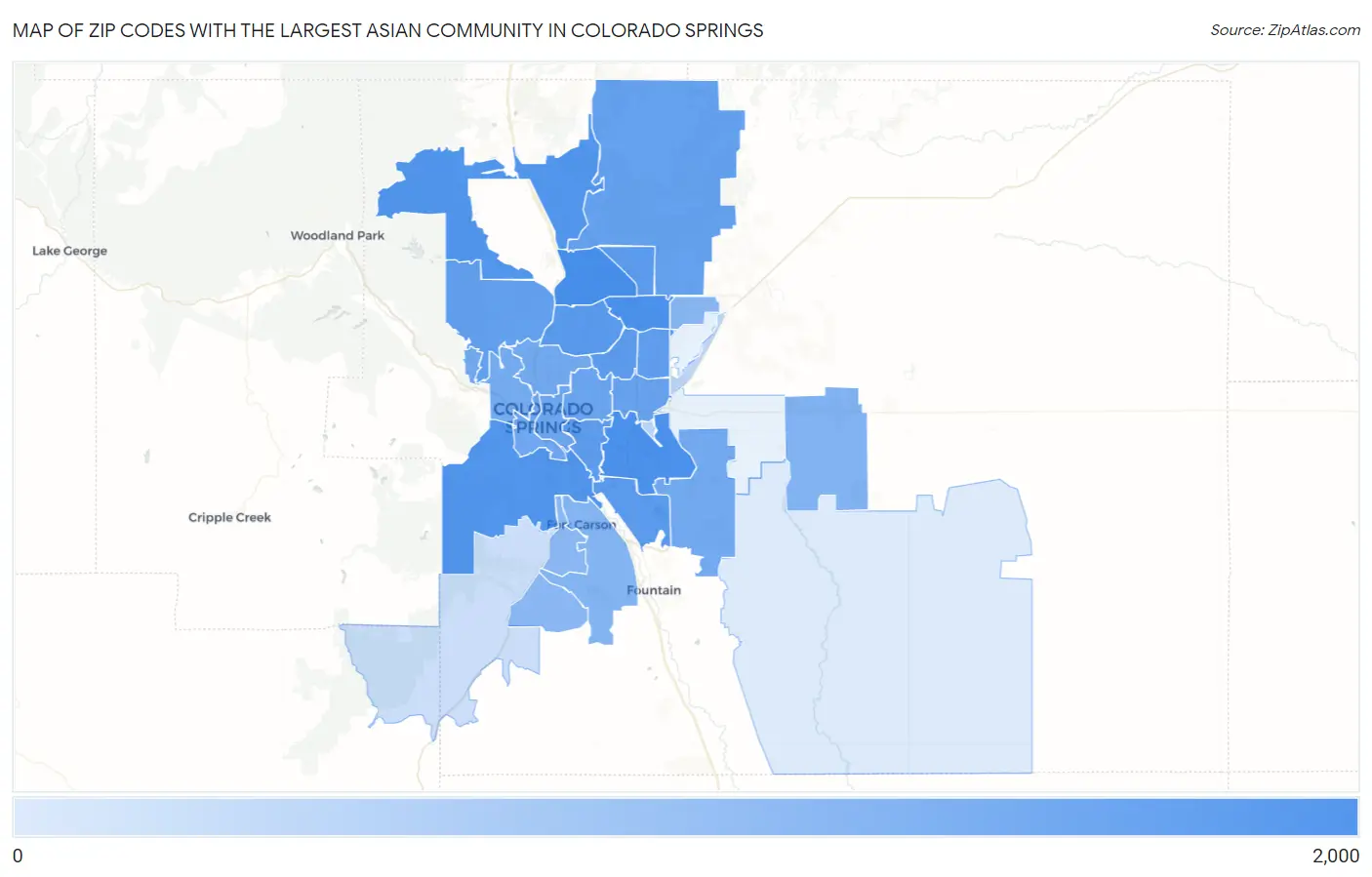 Zip Codes with the Largest Asian Community in Colorado Springs Map
