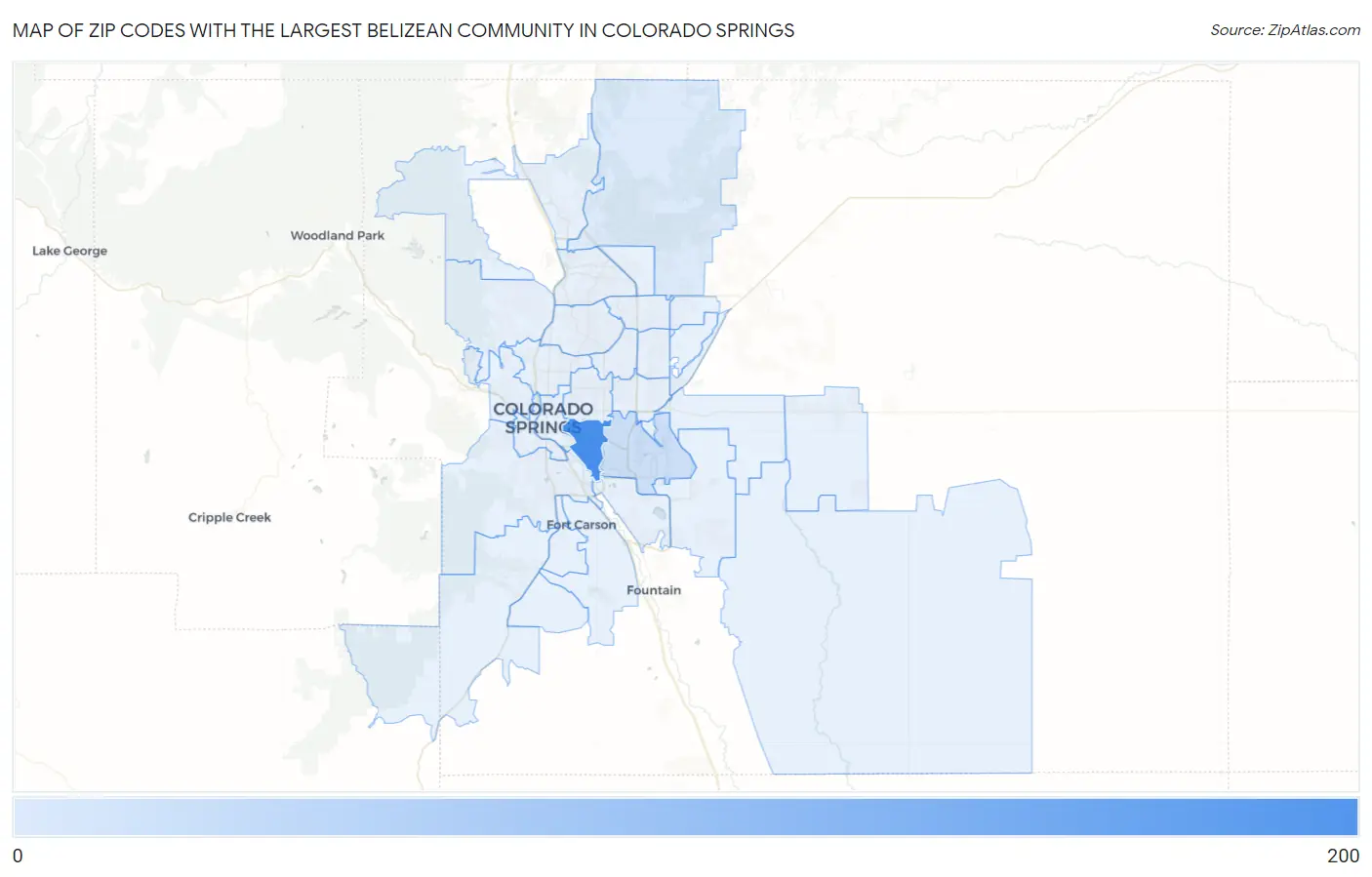 Zip Codes with the Largest Belizean Community in Colorado Springs Map