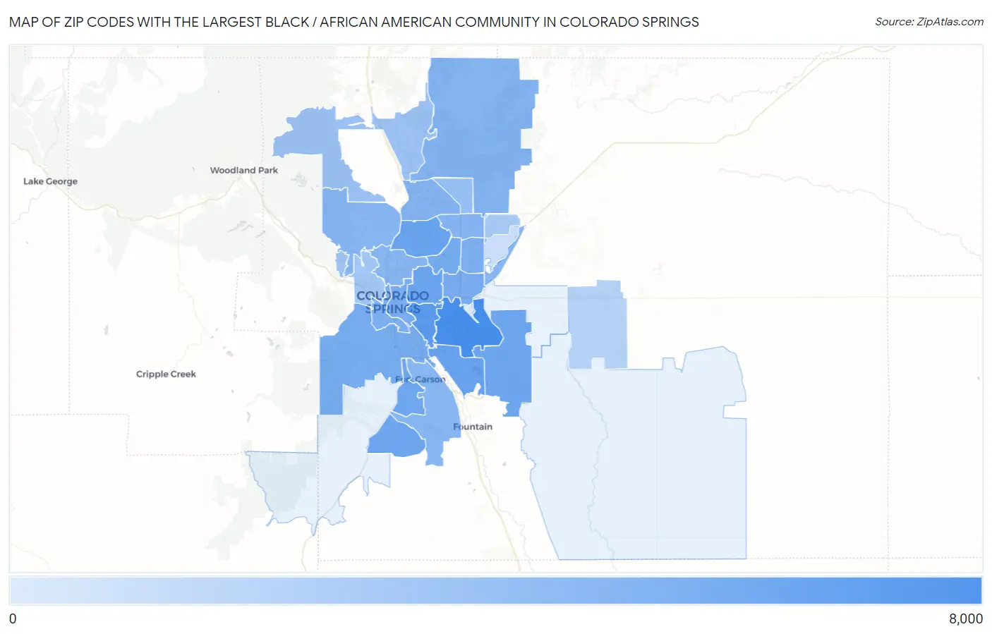 Zip Codes with the Largest Black / African American Community in Colorado Springs Map