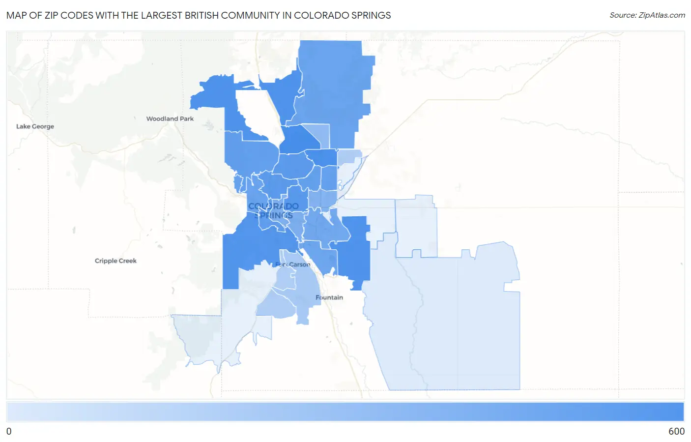Zip Codes with the Largest British Community in Colorado Springs Map