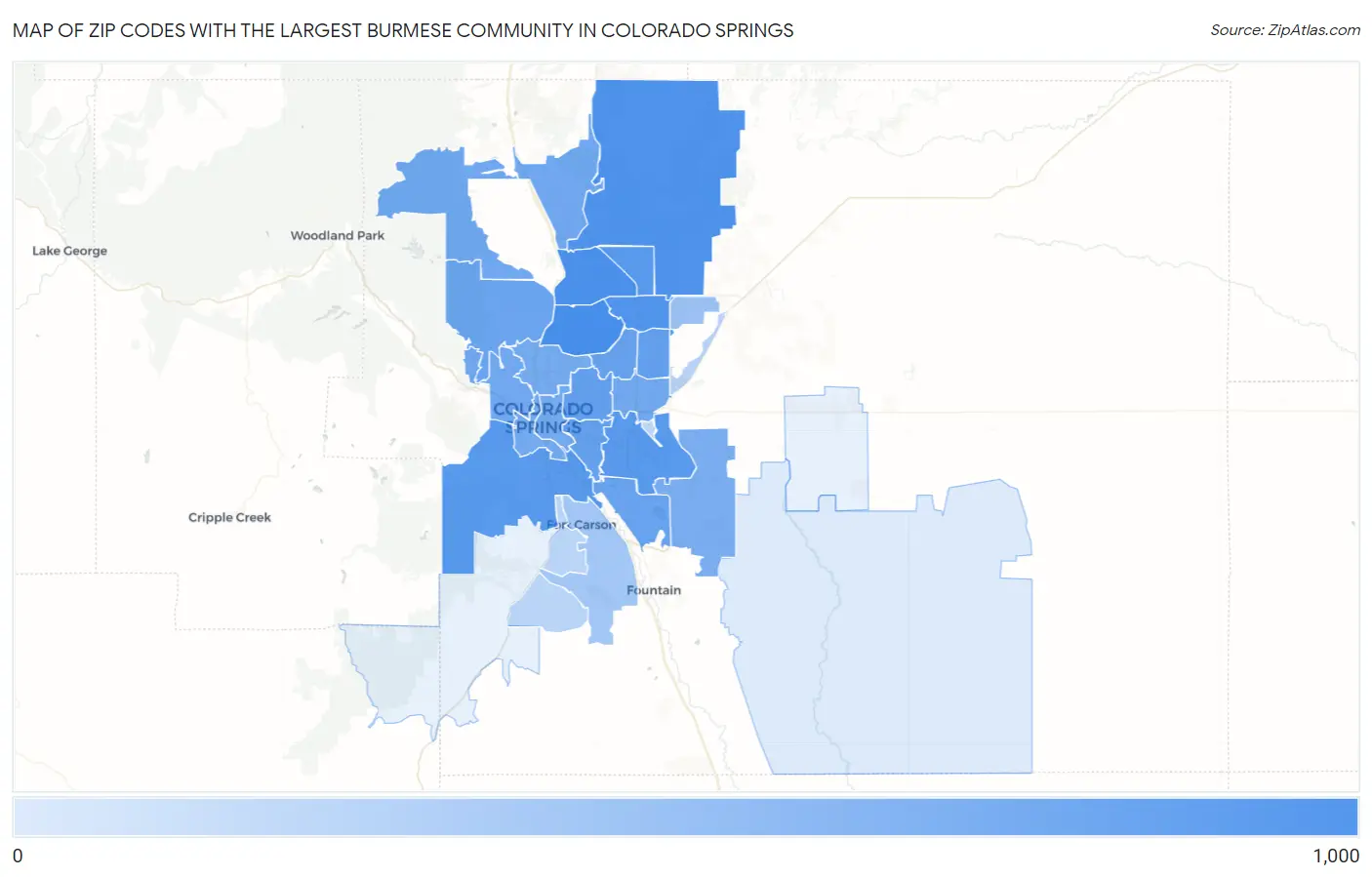 Zip Codes with the Largest Burmese Community in Colorado Springs Map