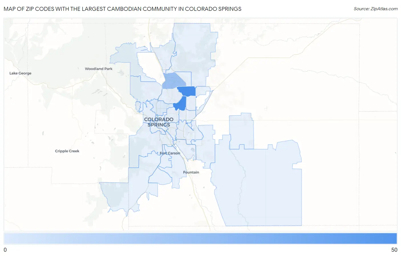 Zip Codes with the Largest Cambodian Community in Colorado Springs Map