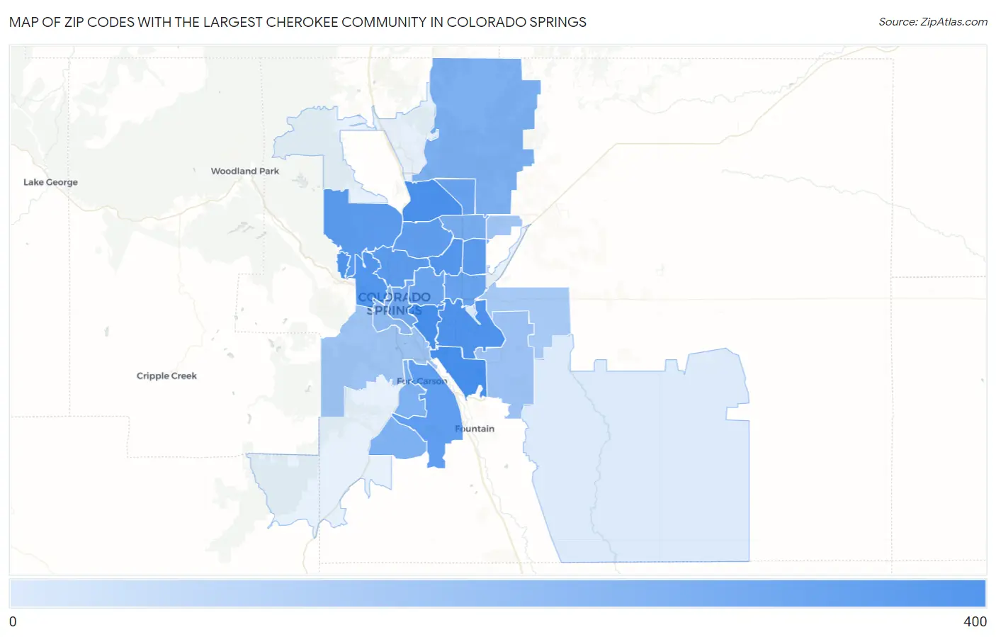 Zip Codes with the Largest Cherokee Community in Colorado Springs Map