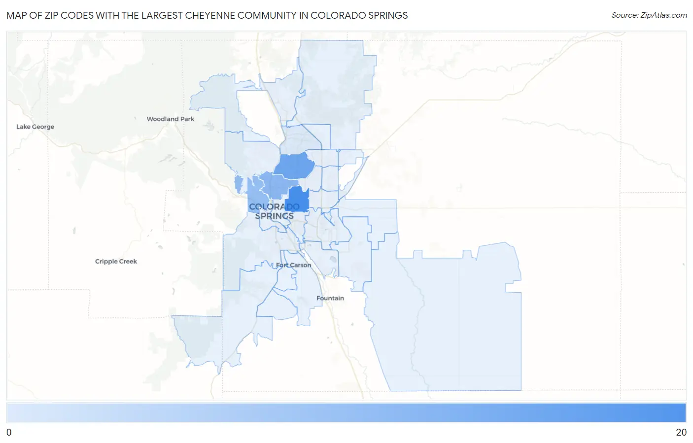 Zip Codes with the Largest Cheyenne Community in Colorado Springs Map