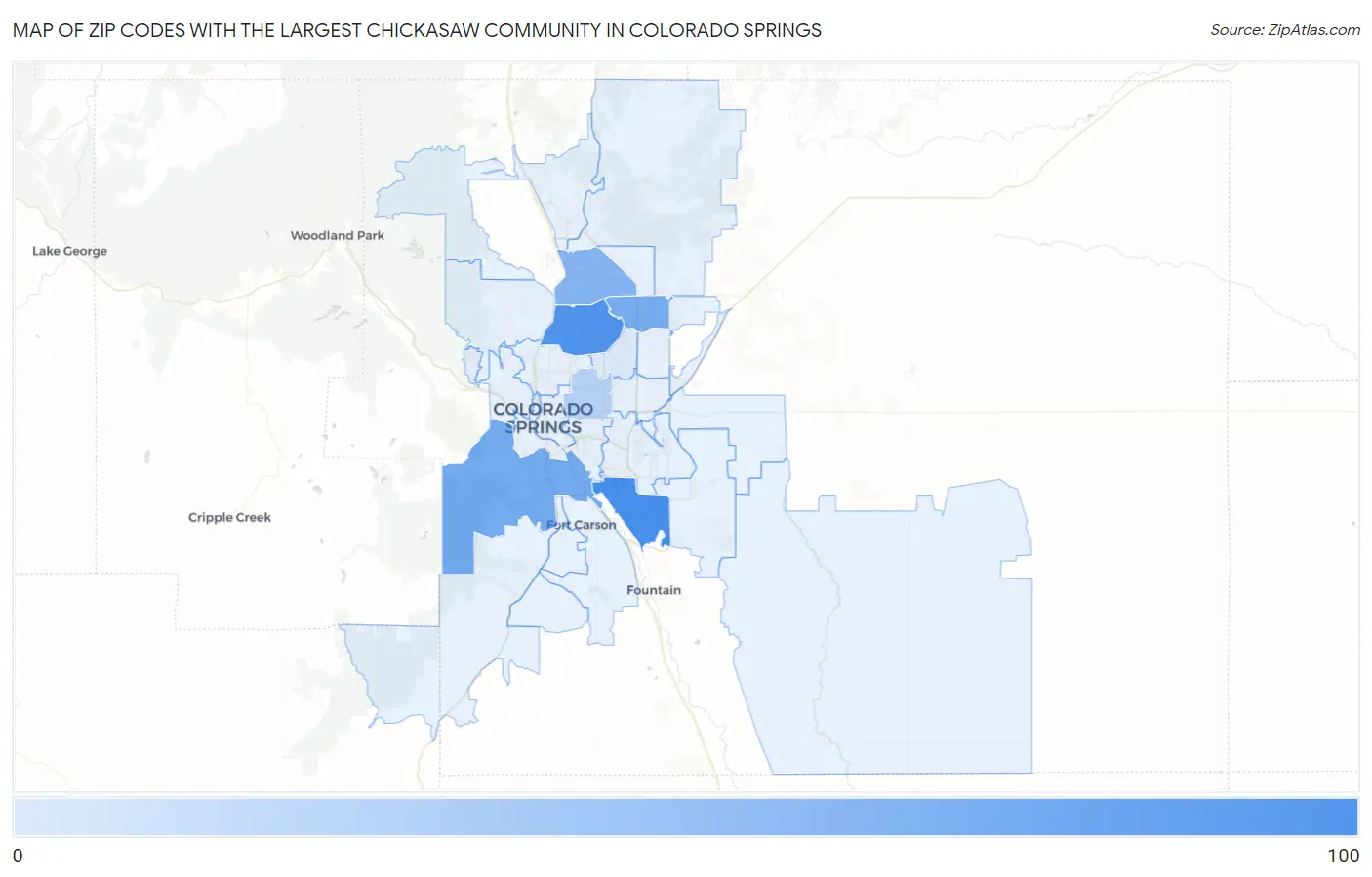 Zip Codes with the Largest Chickasaw Community in Colorado Springs Map