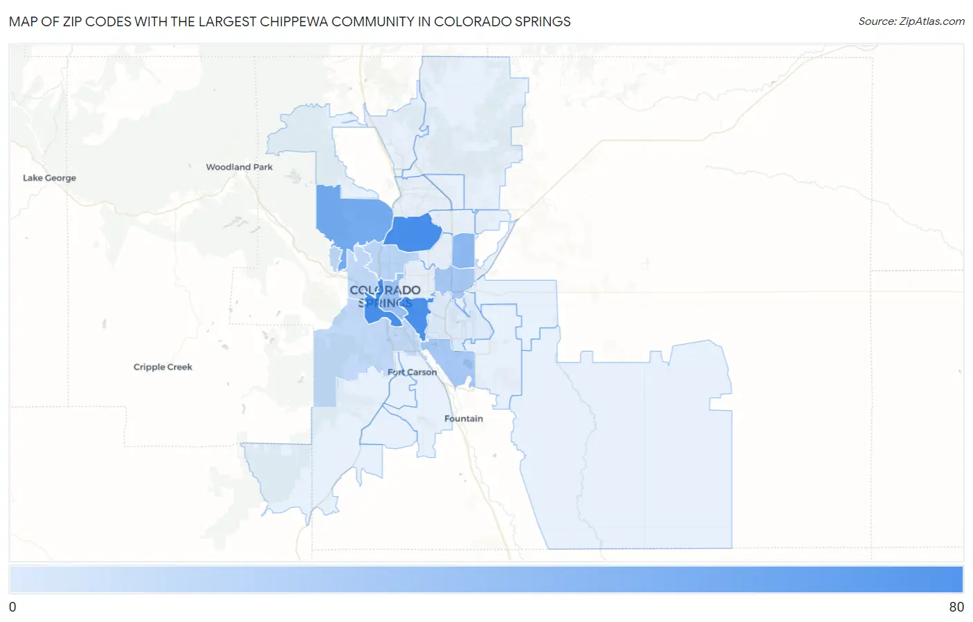 Zip Codes with the Largest Chippewa Community in Colorado Springs Map