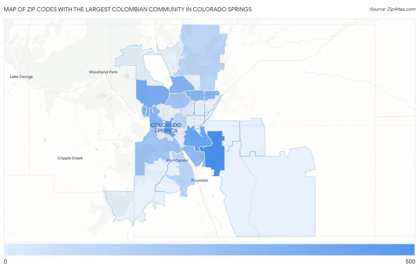 Zip Codes with the Largest Colombian Community in Colorado Springs Map