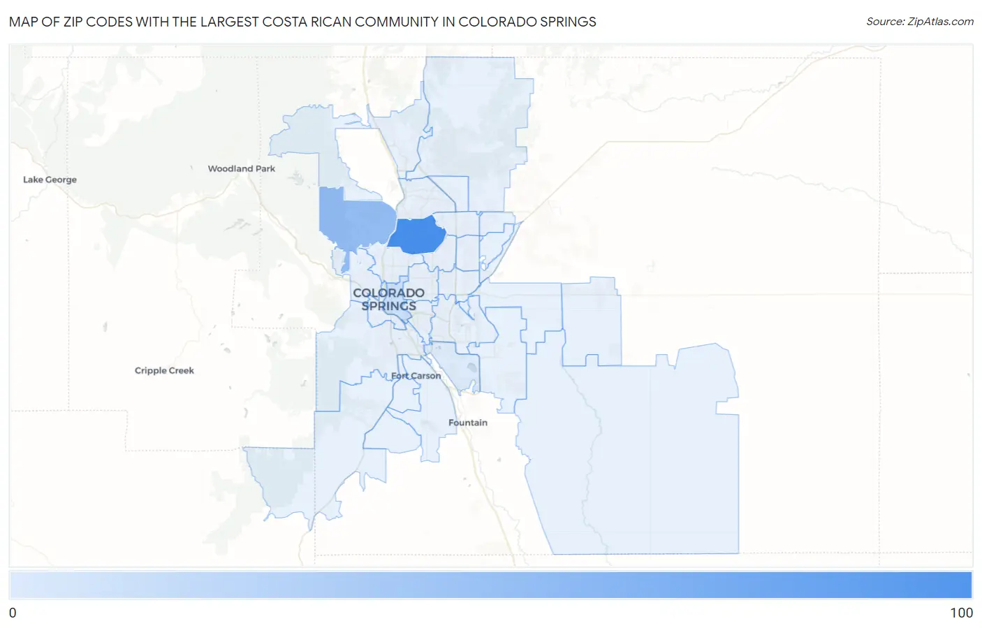 Zip Codes with the Largest Costa Rican Community in Colorado Springs Map