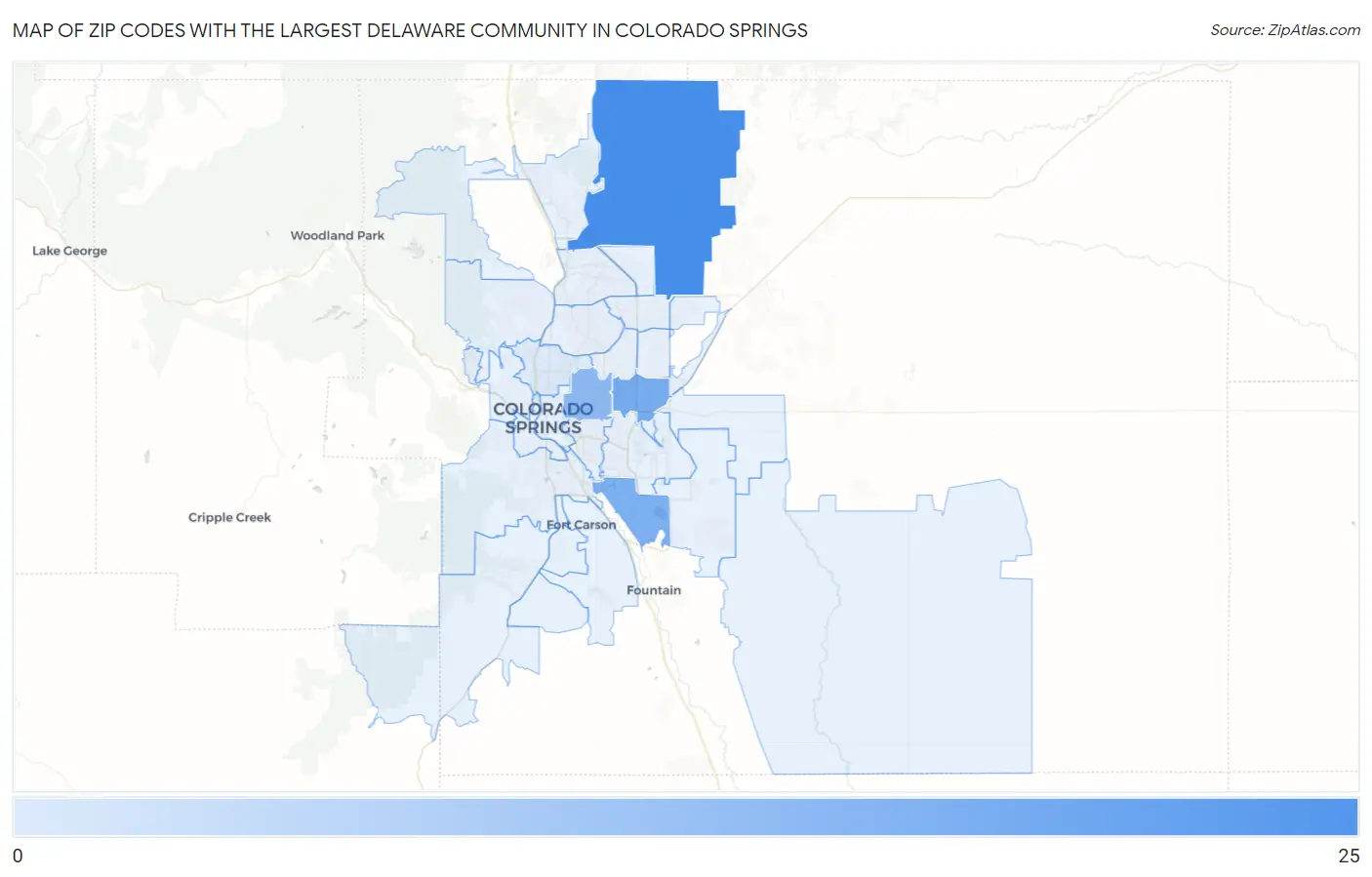 Zip Codes with the Largest Delaware Community in Colorado Springs Map