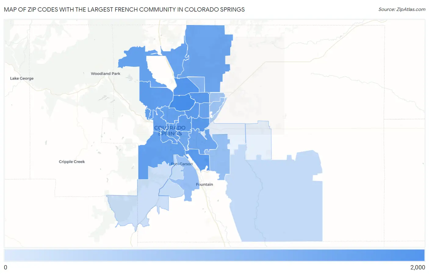 Zip Codes with the Largest French Community in Colorado Springs Map