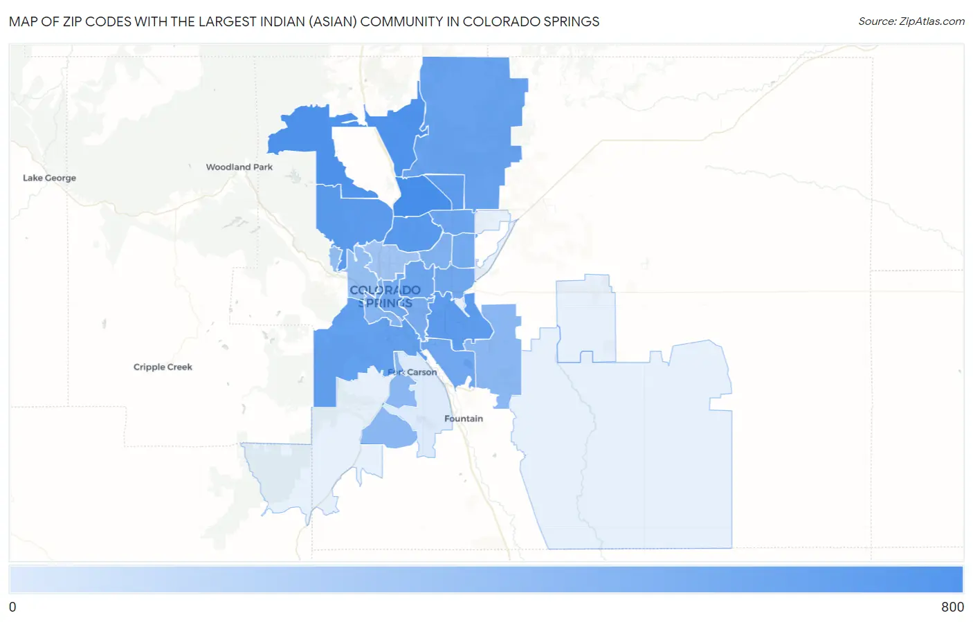 Zip Codes with the Largest Indian (Asian) Community in Colorado Springs Map