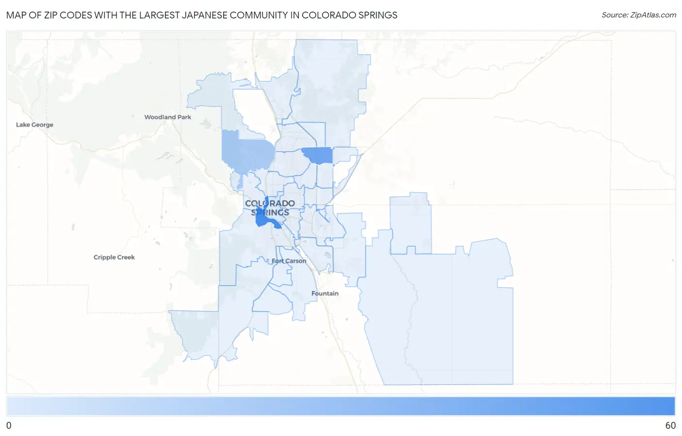 Zip Codes with the Largest Japanese Community in Colorado Springs Map