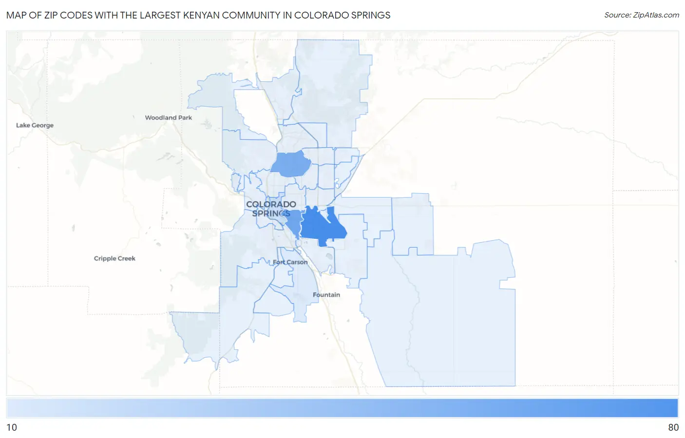 Zip Codes with the Largest Kenyan Community in Colorado Springs Map