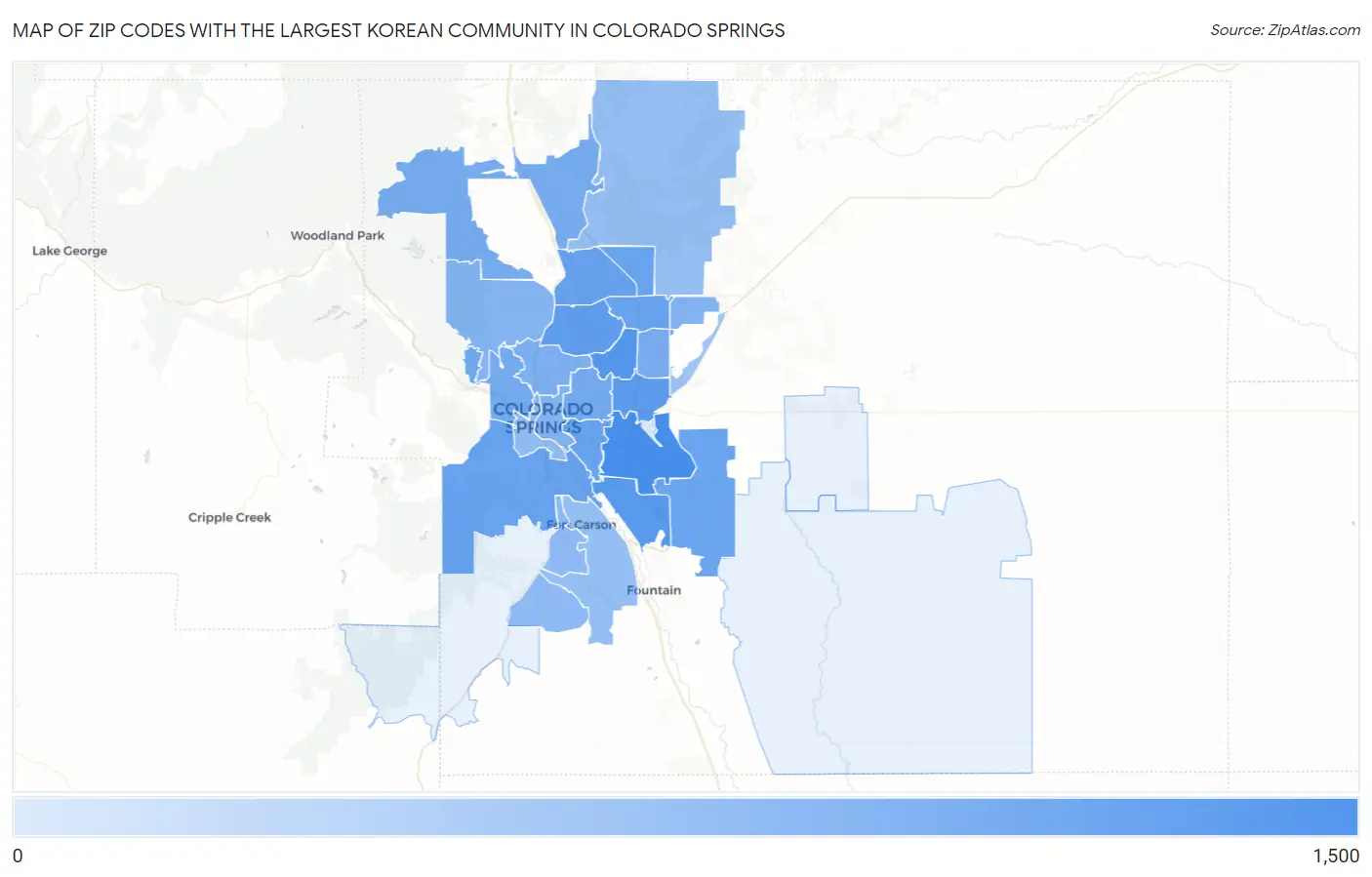 Zip Codes with the Largest Korean Community in Colorado Springs Map