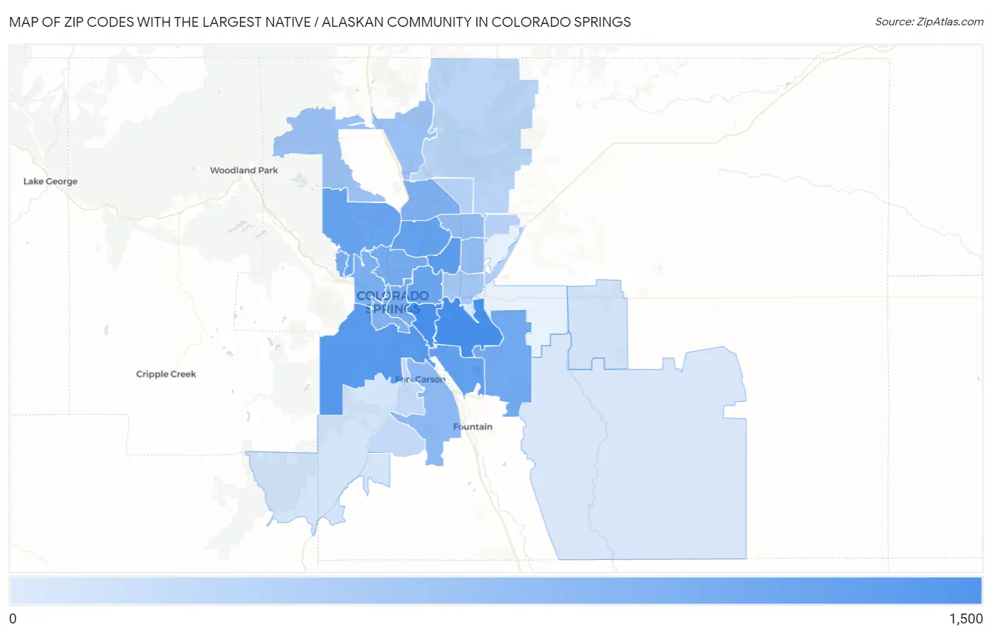 Zip Codes with the Largest Native / Alaskan Community in Colorado Springs Map