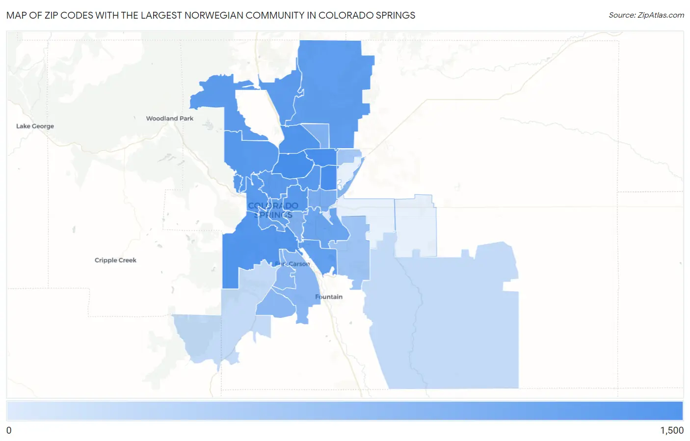 Zip Codes with the Largest Norwegian Community in Colorado Springs Map