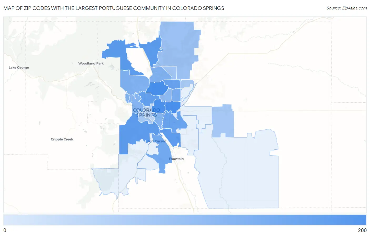 Zip Codes with the Largest Portuguese Community in Colorado Springs Map