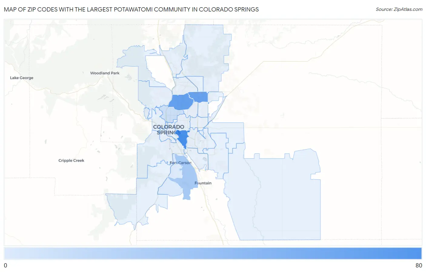 Zip Codes with the Largest Potawatomi Community in Colorado Springs Map