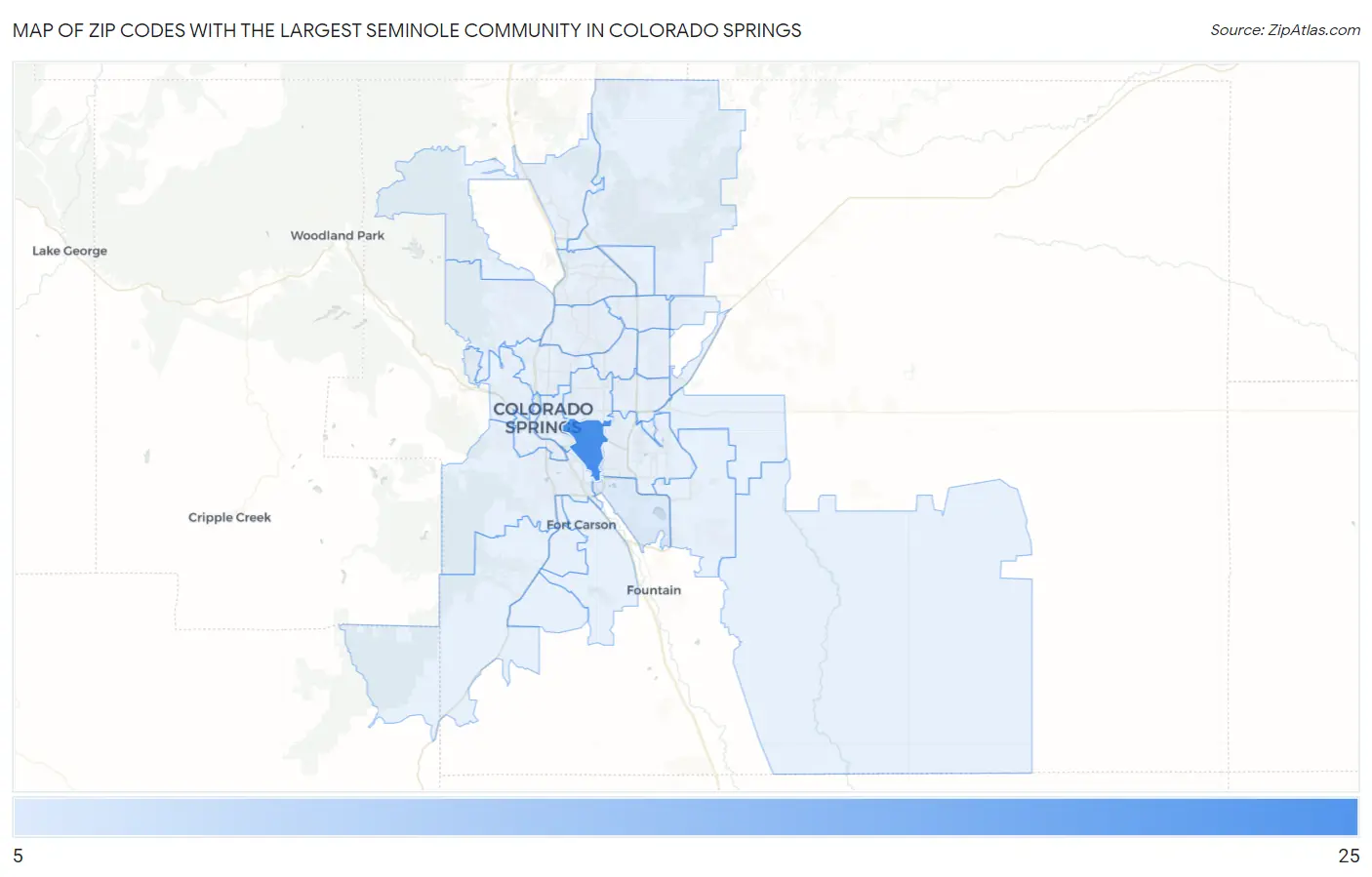Zip Codes with the Largest Seminole Community in Colorado Springs Map