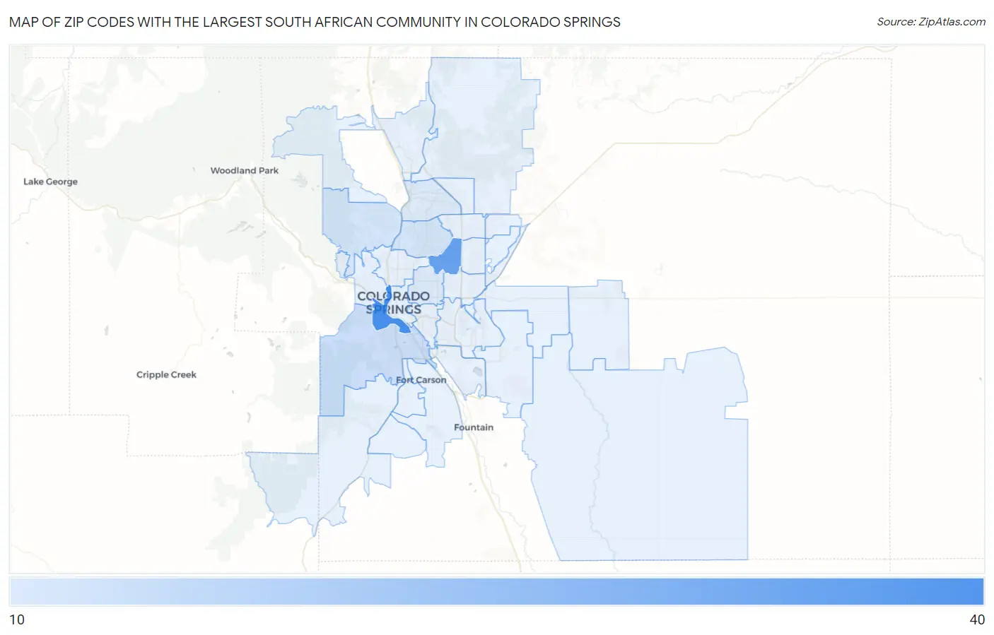 Zip Codes with the Largest South African Community in Colorado Springs Map