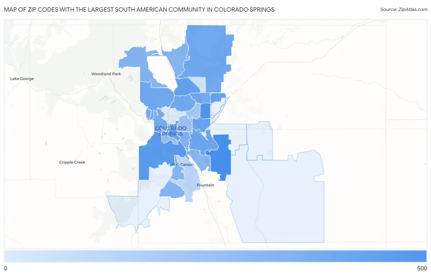 Zip Codes with the Largest South American Community in Colorado Springs Map