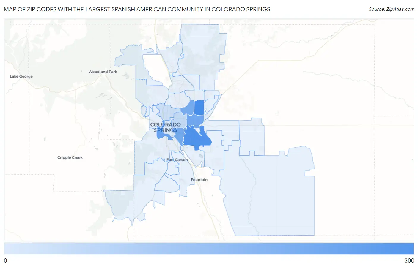 Zip Codes with the Largest Spanish American Community in Colorado Springs Map
