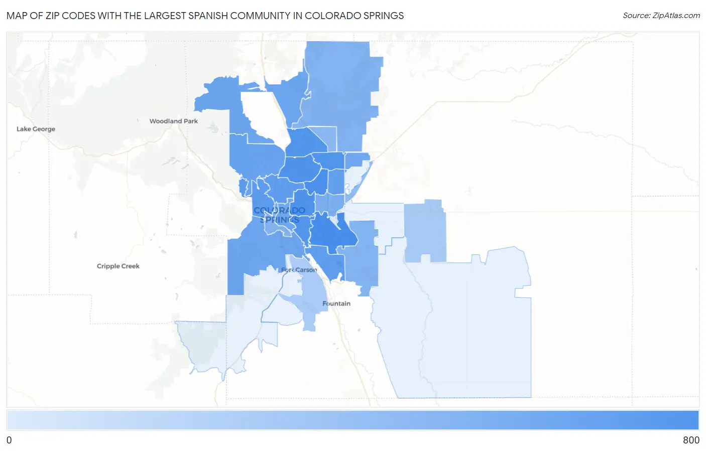Zip Codes with the Largest Spanish Community in Colorado Springs Map