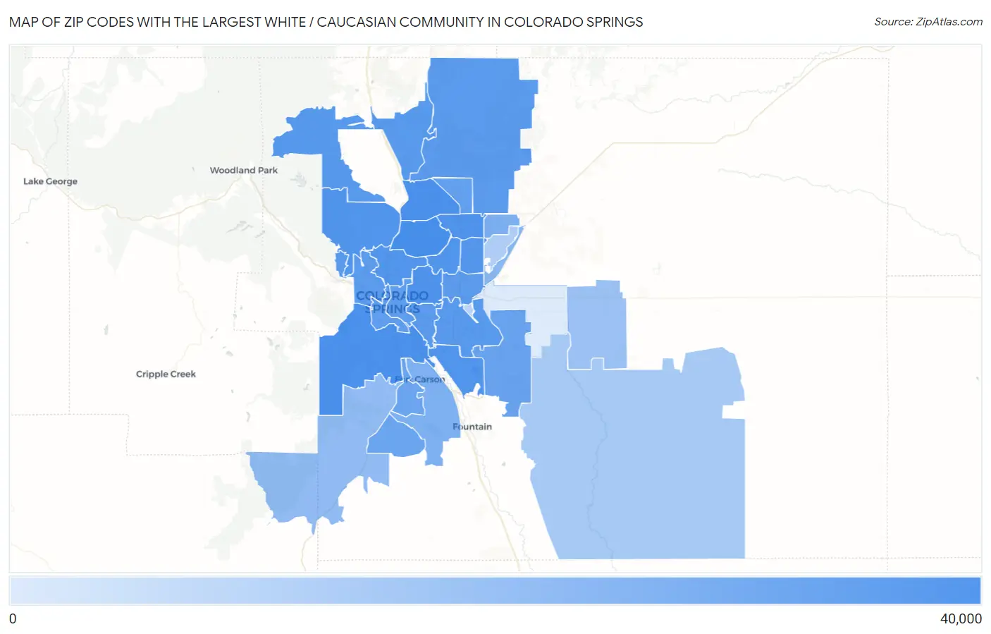 Zip Codes with the Largest White / Caucasian Community in Colorado Springs Map