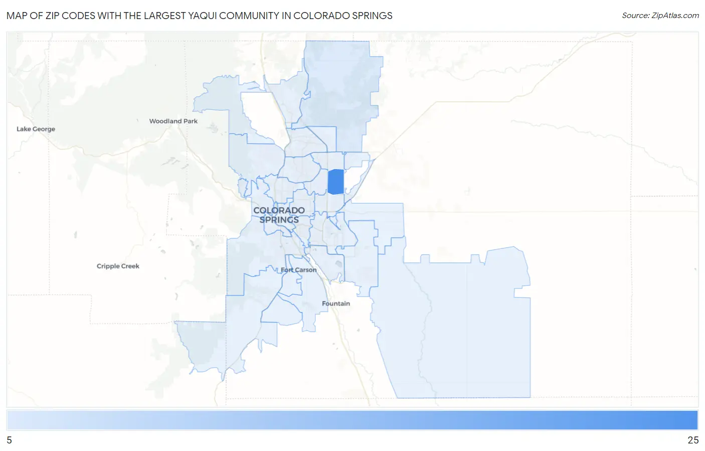 Zip Codes with the Largest Yaqui Community in Colorado Springs Map