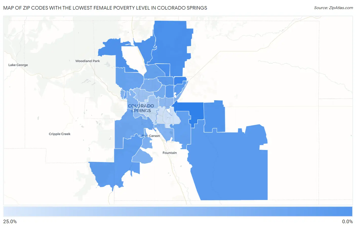 Zip Codes with the Lowest Female Poverty Level in Colorado Springs Map
