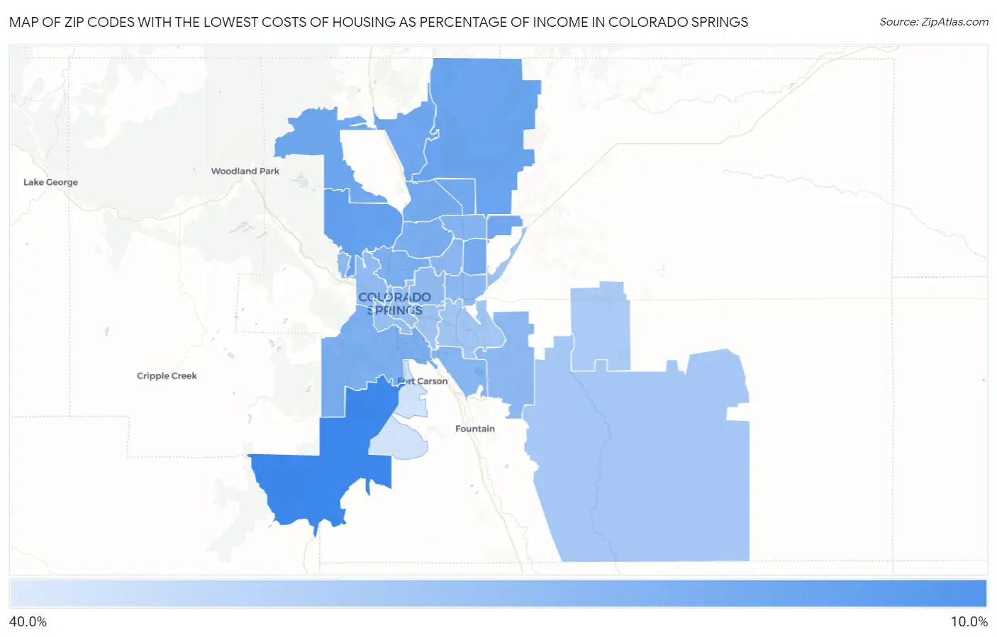 Zip Codes with the Lowest Costs of Housing as Percentage of Income in Colorado Springs Map