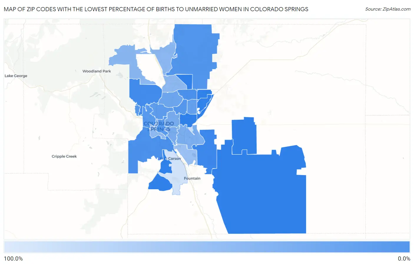 Zip Codes with the Lowest Percentage of Births to Unmarried Women in Colorado Springs Map