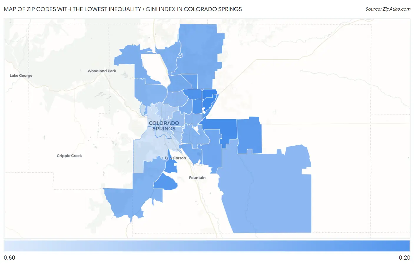Zip Codes with the Lowest Inequality / Gini Index in Colorado Springs Map