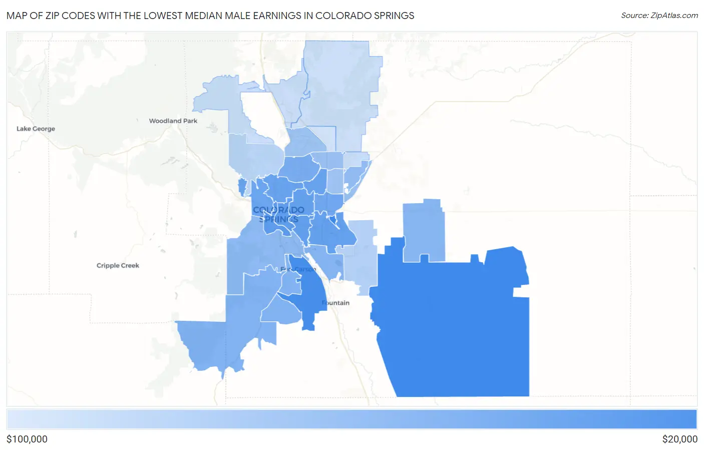 Zip Codes with the Lowest Median Male Earnings in Colorado Springs Map