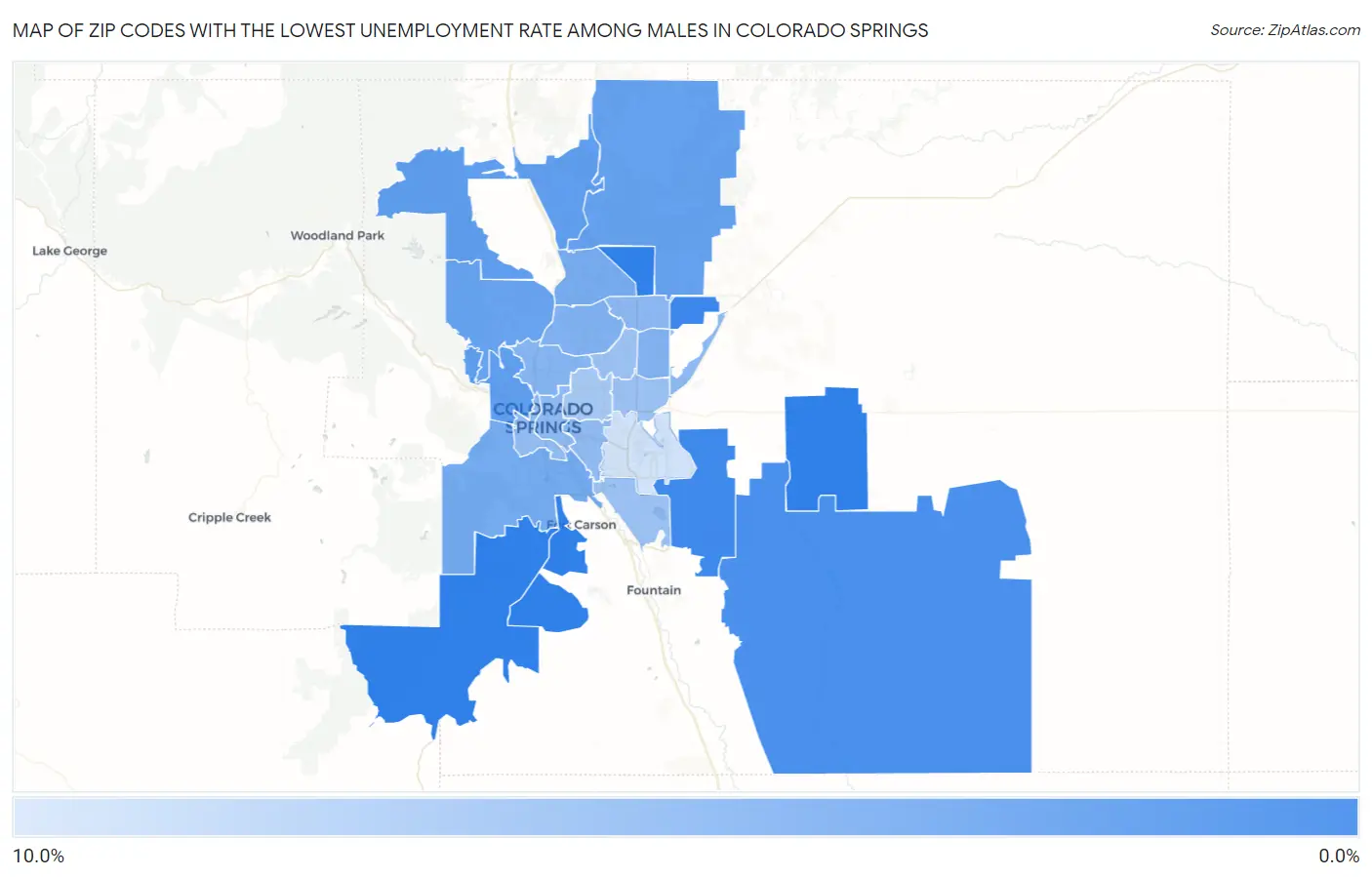 Zip Codes with the Lowest Unemployment Rate Among Males in Colorado Springs Map